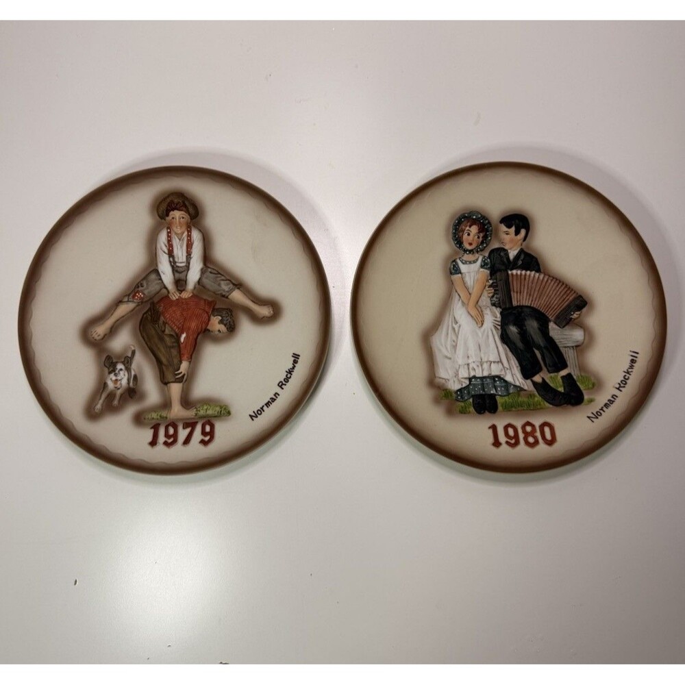 Norman Rockwell Collector Plates 1979 & 1980 Leapfrog & Lovers 3D Fine China